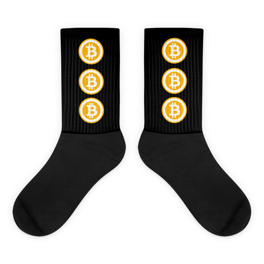 Black Socks With Three Orange and White Bitcoin Logos