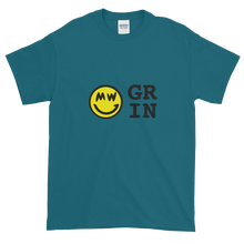 Load image into Gallery viewer, Galapagos Blue Short Sleeve T-Shirt With Yellow and Black Grin Smiley Face Logo