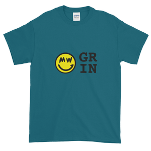 Galapagos Blue Short Sleeve T-Shirt With Yellow and Black Grin Smiley Face Logo