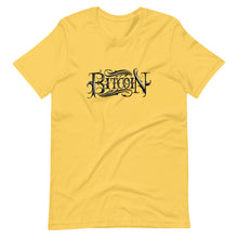 Load image into Gallery viewer, Yellow Short Sleeve T-Shirt With Black Bitcoin Design By Instiller