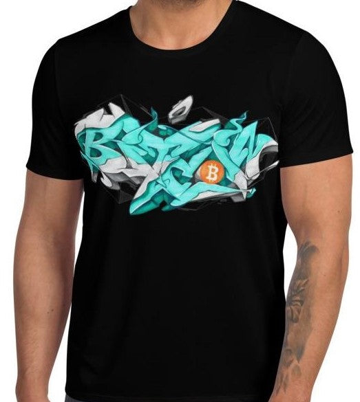Black Short Sleeve T-Shirt With Bitcoin Design in Graffiti Lettering By Kaser Styles Front View