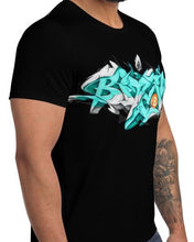 Load image into Gallery viewer, Black Short Sleeve T-Shirt With Bitcoin Design in Graffiti Lettering By Kaser Styles Left View