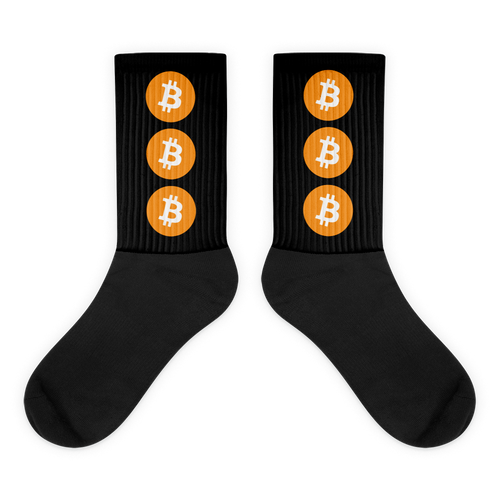 Black Socks With Three Orange and White Bitcoin Logos
