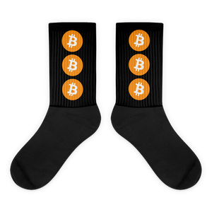 Black Socks With Three Orange and White Bitcoin Logos