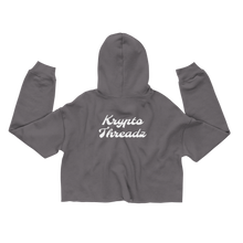 Load image into Gallery viewer, Women&#39;s Grey Crop Top Hoodie With White Krypto Threadz Logo on Back