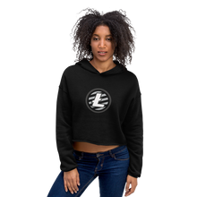 Load image into Gallery viewer, Women&#39;s Model Wearing Black Crop Top Hoodie With Grey and White Litecoin Logo on Front