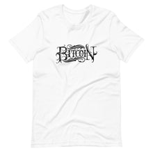 Load image into Gallery viewer, White Short Sleeve T-Shirt With Black Bitcoin design by Instiller