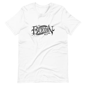 White Short Sleeve T-Shirt With Black Bitcoin design by Instiller