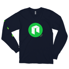 Load image into Gallery viewer, Navy Blue Long Sleeve Unisex NEO T Shirt With Green NEO Logos On Chest and Right Arm
