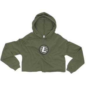 Women's Military Green Crop Top Hoodie With Grey and White Litecoin Logo on Front