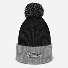 Load image into Gallery viewer, Black and White Beanie with Pom Pom on Top and Bitcoin Graffiti Design in Black and White