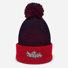 Load image into Gallery viewer, Blue and Red Beanie with Pom Pom on Top and Bitcoin Graffiti Design in Black and White