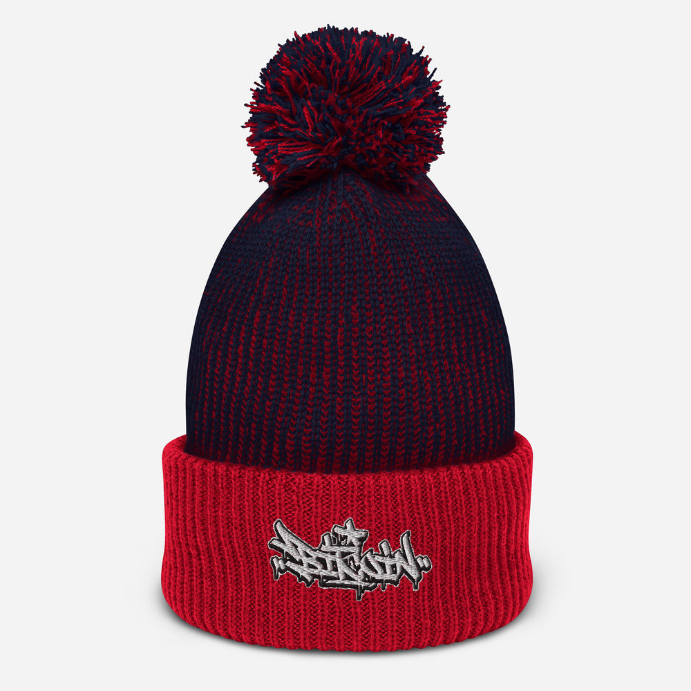 Blue and Red Beanie with Pom Pom on Top and Bitcoin Graffiti Design in Black and White