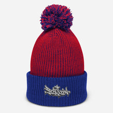 Load image into Gallery viewer, Blue and Red Beanie with Pom Pom on Top and Bitcoin Graffiti Design in Black and White