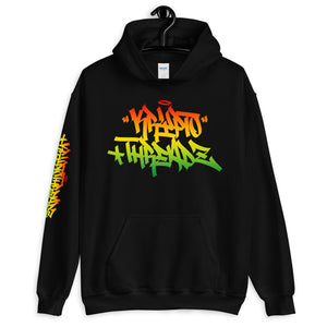 Black Krypto Threadz Hoodie with Krypto Threadz Rasta Design in Red, Gold, and Green