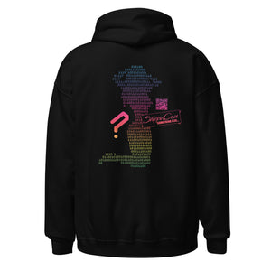 Black Stripper Coin Hoodie with rainbow colored design of a stripper silhouette in binary code on the back