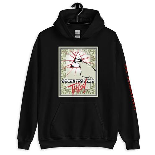 Black SchhhArt Decentralize This Hoodie with a pyramid and all seeing eye being poked by a finger on the front of the hoodie