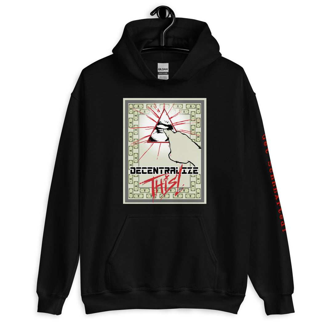 Black SchhhArt Decentralize This Hoodie with a pyramid and all seeing eye being poked by a finger on the front of the hoodie