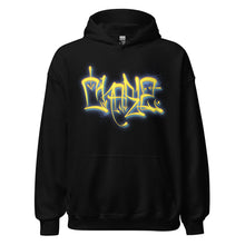 Load image into Gallery viewer, Black Hoodie with Charlz tag in yellow and blue