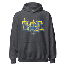 Load image into Gallery viewer, Dark Grey Hoodie with Charlz tag in yellow and blue