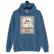 Load image into Gallery viewer, Indigo Blue SchhhArt Decentralize This Hoodie with a pyramid and all seeing eye being poked by a finger on the front of the hoodie