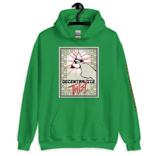 Load image into Gallery viewer, Green SchhhArt Decentralize This Hoodie with a pyramid and all seeing eye being poked by a finger on the front of the hoodie