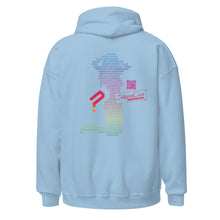 Load image into Gallery viewer, Light Blue Stripper Coin Hoodie with rainbow colored design of a stripper silhouette in binary code on the back