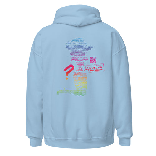 Light Blue Stripper Coin Hoodie with rainbow colored design of a stripper silhouette in binary code on the back