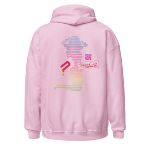 Pink Stripper Coin Hoodie with rainbow colored design of a stripper silhouette in binary code on the back