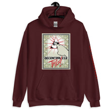 Load image into Gallery viewer, Maroon SchhhArt Decentralize This Hoodie with a pyramid and all seeing eye being poked by a finger on the front of the hoodie