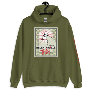 Military Green SchhhArt Decentralize This Hoodie with a pyramid and all seeing eye being poked by a finger on the front of the hoodie