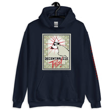 Load image into Gallery viewer, Navy Blue SchhhArt Decentralize This Hoodie with a pyramid and all seeing eye being poked by a finger on the front of the hoodie