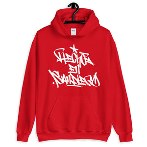 Red Krypto Threadz Hoodie with "Hecho En San Diego" tag in White