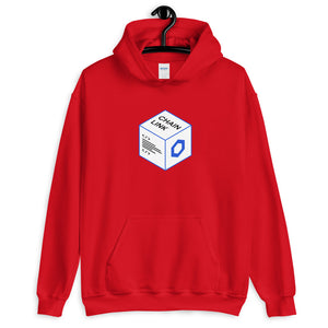 Red Hoodie with Chainlink Box Logo in White and Blue on the front