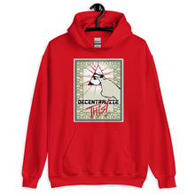 Load image into Gallery viewer, Red SchhhArt Decentralize This Hoodie with a pyramid and all seeing eye being poked by a finger on the front of the hoodie