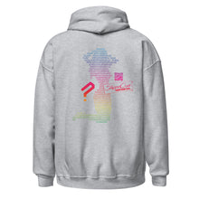 Load image into Gallery viewer, Sport Grey Stripper Coin Hoodie with rainbow colored design of a stripper silhouette in binary code on the back