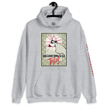 Load image into Gallery viewer, Sport Grey SchhhArt Decentralize This Hoodie with a pyramid and all seeing eye being poked by a finger on the front of the hoodie