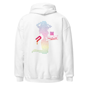 White Stripper Coin Hoodie with rainbow colored design of a stripper silhouette in binary code on the back