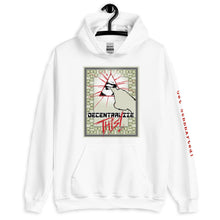 Load image into Gallery viewer, White SchhhArt Decentralize This Hoodie with a pyramid and all seeing eye being poked by a finger on the front of the hoodie
