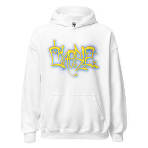 White Hoodie with Charlz tag in yellow and blue