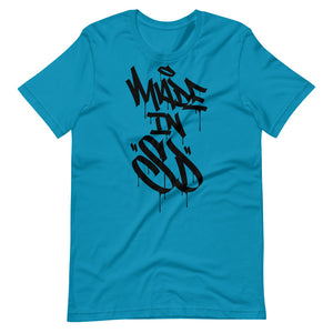 Aqua Short Sleeve T-Shirt With Black Made In SD Design in Graffiti