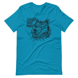 Aqua Short Sleeve T-Shirt With Dogecoin Dog in Scribble Art