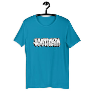 Aqua Blue Short Sleeve T-Shirt With Southern Design in Old School Graffiti