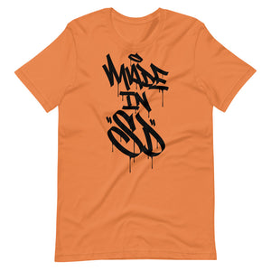 Orange Short Sleeve T-Shirt With Black Made In SD Design in Graffiti