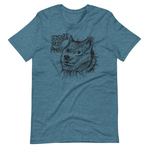 Heather Deap Teal Short Sleeve T-Shirt With Dogecoin Dog in Scribble Art
