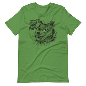 Green Short Sleeve T-Shirt With Dogecoin Dog in Scribble Art