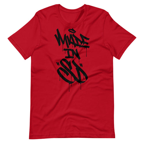 Red Short Sleeve T-Shirt With Black Made In SD Design in Graffiti
