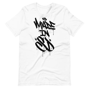 White Short Sleeve T-Shirt With Black Made In SD Design in Graffiti