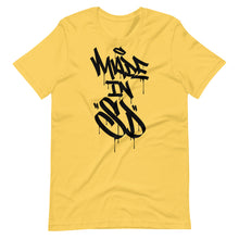 Load image into Gallery viewer, Yellow Short Sleeve T-Shirt With Black Made In SD Design in Graffiti