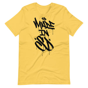 Yellow Short Sleeve T-Shirt With Black Made In SD Design in Graffiti